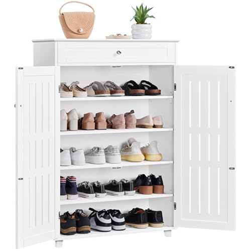 Yaheetech Shoe Cabinet, 5-Tier Shoe Rack Organizer with 1 Drawer, Freestanding Wooden Shoe Storage Cabinet with 2 Louvered Door & Adjustable Shelves for Entryway Hallway, White