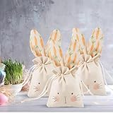 Cheerland Bunny Gift Bag Bunny Birthday Decoration for Easter Kids Party Baby Shower Linen Sweet Candy Beige Drawstring Bags Garden Tea Party Favors Decorations Supplies - Pack of 6