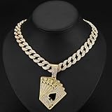 CAVIEA Poker CZ Playing Card Ace Pendant Cuban Chain Link Choker Necklace for Men Women Fake Diamond Iced out Bling Hip-hop 90s Rapper Costume Lucky Party Jewelry