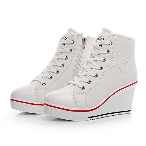 Mei MACLEOD High Heel Wedge Sneakers for Women Casual Lace Up Canvas Shoes for Ladies Platform Wedge Shoes AnkleBooties White