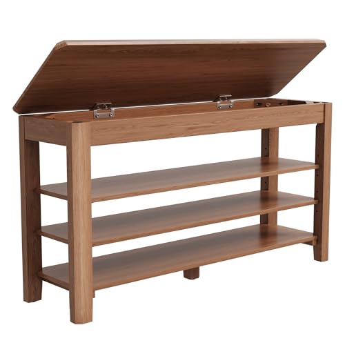 IUNVR Shoe Rack Bench Seat Rubberwood 3-Tier Wooden Storage Bench 550lbs Compact Mid-Century Modern Design for Entryway, Hallway, Closet, Front Door Entrance, Foyer