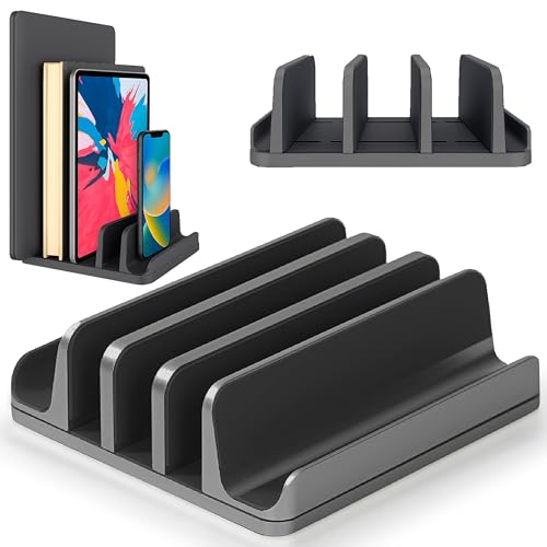 Multiple Laptop Holder Vertical – Adjustable Laptop Vertical Stand Holds 5 Devices, Fits All MacBooks Laptops Tablets and Mobiles (up to 17.3”). Closed Upright Vertical Laptop Stand for Desk