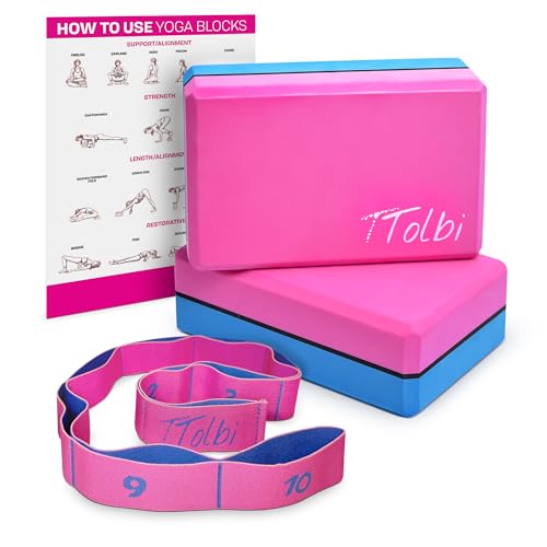 Yoga Blocks 2 Pack Set with Dance Stretch Band & Guide: Non-Slip EVA Foam Block - Ideal Stretching Equipment for Home Workouts, Pilates, Dance, Ballet, Gymnastics, Exercise - Stretch Strap Stuff Props