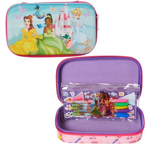 Innovative Designs Disney Princess Pencil Case Set with Stickers and Gel Pens for Kids, Molded with Zip Closure