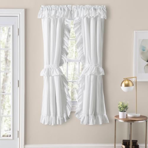 Classic Wide Ruffle Priscilla Rod Pocket Curtain Collection by Ellis (White, 84W x 84" Priscilla Pair)