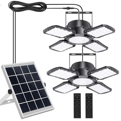 Aqonsie Solar Shed Light Indoor Outdoor, 176LED Solar Powered Pendant Light Daytime Available, Dual Lamps Motion Sensor Indoor Light with 5 Lighting Modes & Remote for Shed, Gazebo, Barn, Garage, Shop