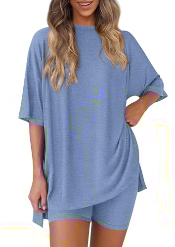 PRETTYGARDEN Women's Two Piece Lounge Set 2025 Summer Casual Oversized Shirts Biker Shorts Matching Airport Travel Outfit (Grey Blue,X-Large)
