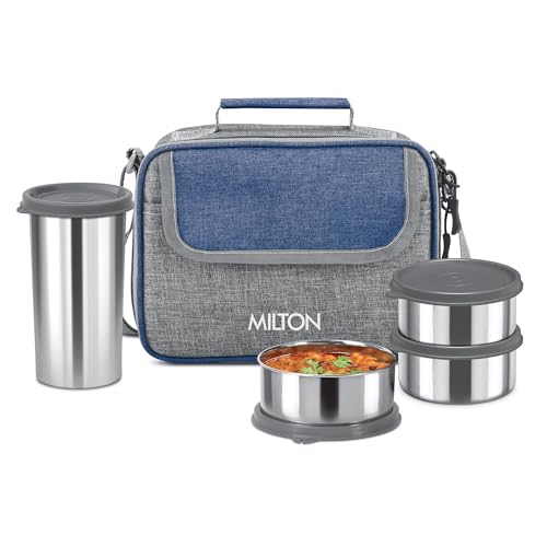 MILTON Daily Meal Lunch Box with Unisex Bag, 3 Stainless Steel Containers 300 ml Each & Tumbler 400 ml, Leak-Proof Tiffin for Office, College, Picnic, Blue