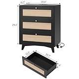 VIAGDO Black Rattan Nightstand Set of 2 with Charging Station, Natural Rattan Night Stand with 3 Large Rattan Decorated Drawers, Boho Bedside Table, End Side Table, 3 Drawer Rattan Dresser for Bedroom