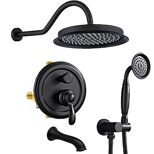 Homekicen Shower Faucet-Sets with Tub Spout: Antique Rain Shower System, 9 inch Wall Mount Rainfall Head and Handheld Spray, 3 Way Diverter Brass Valve with Trim Kit, Matte Black