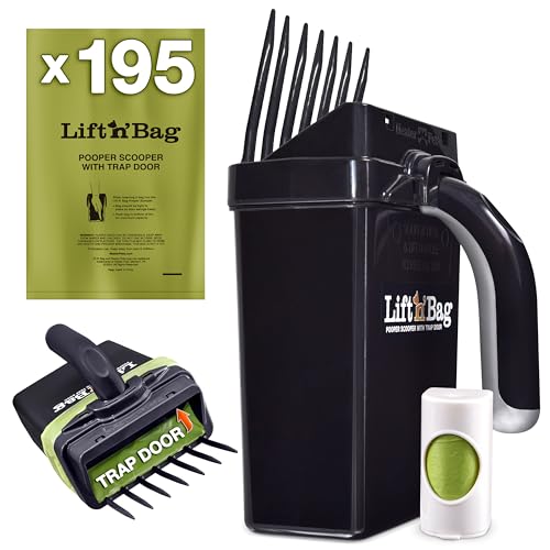 Neater Pets Lift N’ Bag Trap Door Dog Pooper Scooper with Bag Attachment for Small to Large Breeds - 195 Refill Bags - Heavy Duty Dog Poop Scooper for Yard & Walks, One-Handed Operation, Direct to Bag