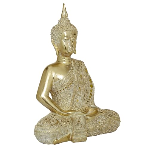 Deco 79 Polystone Buddha Decorative Sculpture Meditating Carved Home Decor Statue with Intricate Carvings and Mirrored Embellishments, Accent Figurine 14" x 9" x 20", Gold