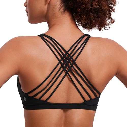 CRZ YOGA Strappy Sports Bras for Women - Criss Cross Back Wireless Padded Yoga Workout Cami Top Black Medium