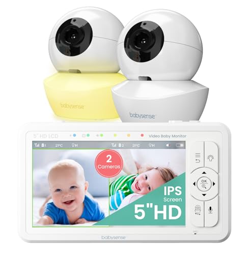 Babysense 5" HD Split-Screen Baby Monitor, Video Baby Monitor with 2 Cameras and Audio, Night Light, 1000ft Range, Two-Way Audio, 4X Zoom, Night Vision, 4000mAh Battery