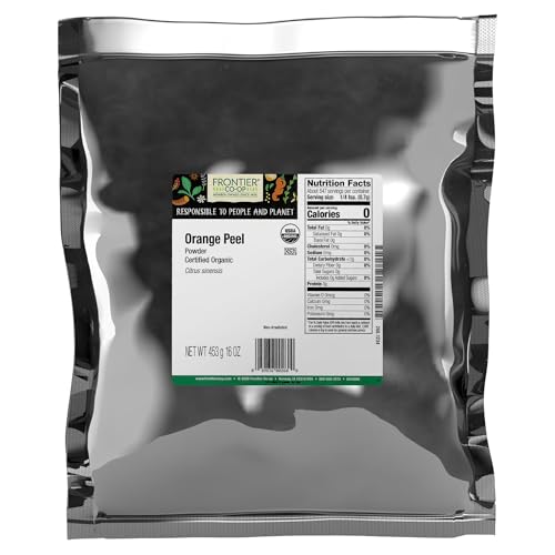 Frontier Co-op Organic Orange Peel Powder - 1lb Bulk Bag, Pure Orange Powder - Potent Citrus Flavor, Perfect for Cooking, Baking & Skincare, Kosher