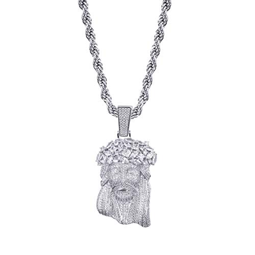 TOPGRILLZ Solid Gold Plated Iced Out Big Baguette Diamonds Jesus Piece Chain for Men Iced Pendant Necklace Chain Hip Hop (Silver Big Jesus)