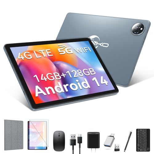 Tablet 10 inch 2025 Latest Android 14 Tablet with 128GB Rom+14GB Ram+2TB Expand, 4G Cellular Tablets with Dual Sim Slot, 2 in 1 Tablet with Case/Keyboard/Mouse, 5G Wifi, Octa-Core GPS 8000mAh (Grey)