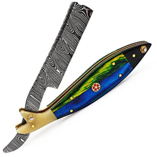 Qureshi Knifes Professional Barber Razor, Damascus Steel Straight Edge Razor fixed Blade Best Razor kits for Men shaving included Leather Sheath Belt Razor Sharpener Camel Bone, Color Wood Handle.