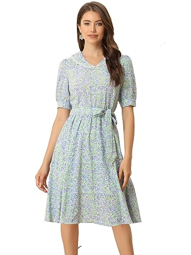 Allegra K Women's Vintage Peter Pan Collar High Waist Flowy Midi Puff Sleeve Floral Dress Medium White Floral