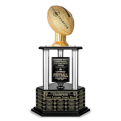 TrophySmack Fantasy Football Trophy - 19-Year Perpetual – 26” Customizable Championship Award with Free Engravings (Gold Football | Silver Metal Columns)