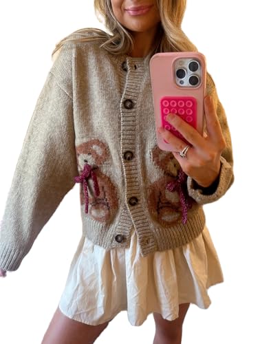 Women Button Down Cardigan Sweaters Cute Bow Bear Knitted Pattern Casual Fall Winter Cardigan Coats(Khaki,M)