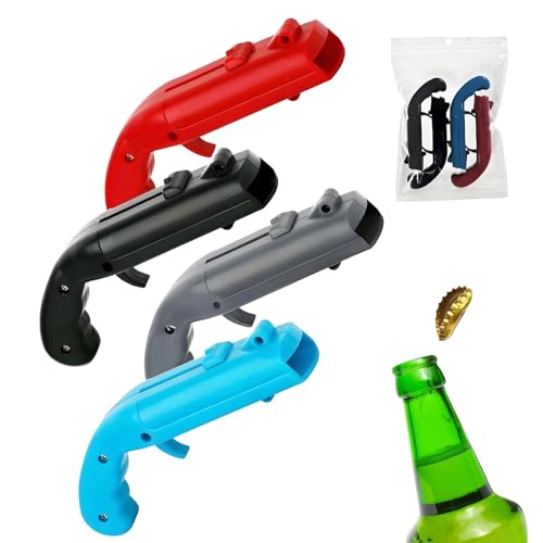 4-Pack Gun Bottle Opener Set Fun & Creative Shooter for Beer & Soda Party & Bar Tool Includes Red Blue Black Gray Colors