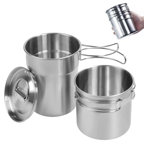KOKKOYA 2 Piece Set Foldable Camping Cups & Mugs Camping Pot Cookware 304-Food-Grade Outdoor Camp Cooking Set with Vented lid,Stainless Steel Backpacking Cookware for Hunting