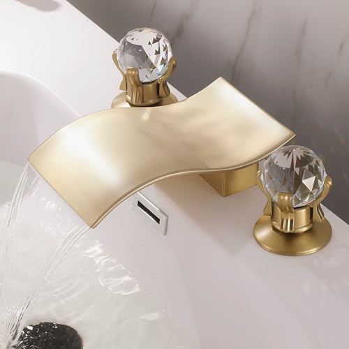 Waterfall Bathroom Sink Faucet 3 Hole, Widespread 8-Inch Waterfall Bathroom Faucets with Crystals Handles Basin Mixer Tap, Brushed Gold Vanity Faucet with Supply Hose