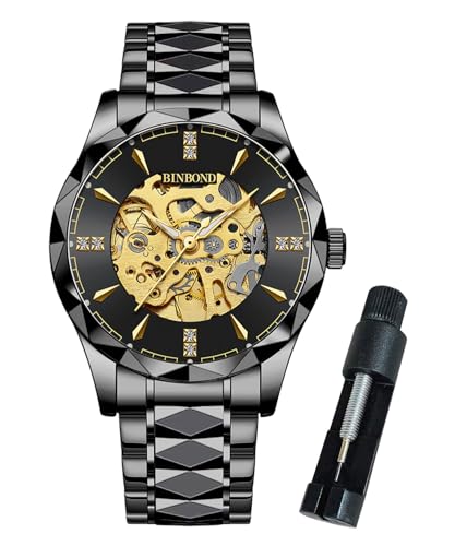 BINBOND Mens Gold Skeleton Watches Automatic Mechanical Self Winding Stainless Steel Luxury Business Dress Diamond Wrist Watches Waterproof Luminous