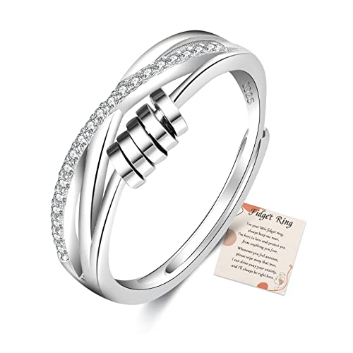PABBEU Anxiety Ring for Women 925 Sterling Silver Fidget Ring With Cubic Zircon Adjustable Stress Spinner Anxiety Ring for Women