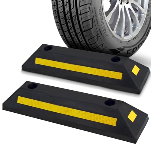 Pyle 2-Pack Heavy Duty Rubber Wheel Stops for Garage Parking – Durable, High-Visibility Tire Blocks for Cars, Trucks, Vans, RVs, Trailers, Forklifts – Reflective Safety Strip Included