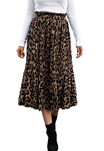 Naggoo Women Casual Skirts Summer Chiffon Midi Skirts Leopard Print Pleated Elastic High Waisted Party Skirts(Leopard,S)