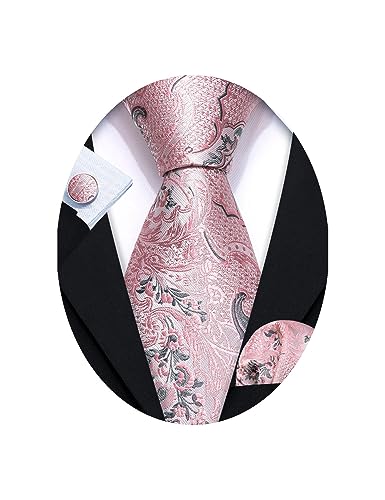 Barry.Wang Men Ties Paisley Woven Silk Necktie Set with Pocket Suqare Cufflinks Formal (Pink Floral)