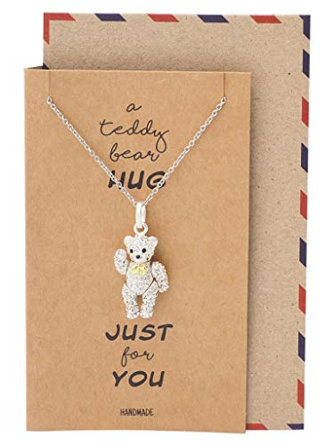 quan jewelry Teddy Bear Pendant Necklace with Crystal Studs for Bear Lovers, Handmade Fashion Jewelry Personalized Gifts for Women with Greeting Card, Silver Tone Adjustable Chain 18" to 20"