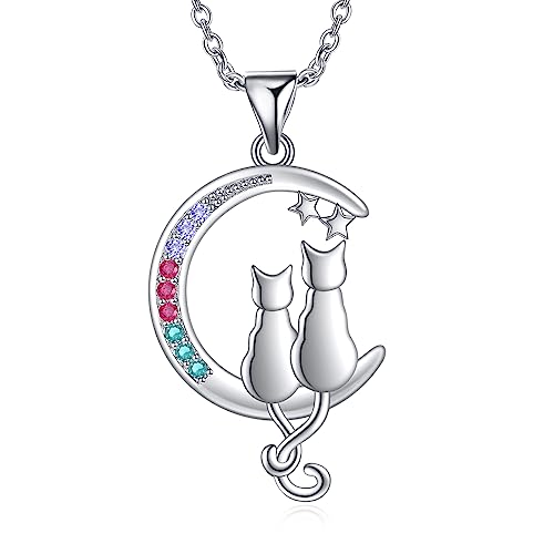 HELORET Cat Pendant Necklace Two Cats on the Moon Necklace Cat Lovers Jewelry Gifts for Women Birthday