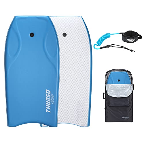 THURSO SURF 42'' Body Boards for Beach Pool Lightweight PE Core IXPE Deck HDPE Bottom FRP Stringers High Performance Body Board with Double Swivel Surf Leash and Bodyboard Bag Lightning Azure