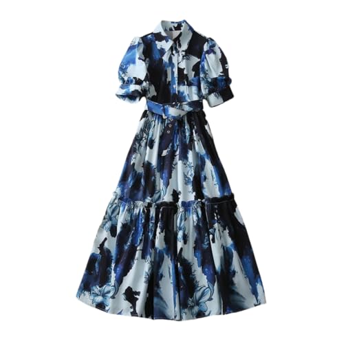 Women Summer Runway Dresses Designer Puff Sleeve Print Lapel Collar Vintage Midi Dress Blue M