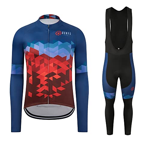 GCRFL Winter Cycling Jersey Sets Thermal Fleece Bike Jersey + Bib Pants, Long Sleeve Cycling Clothing Sets for Man (Blue Red, S)