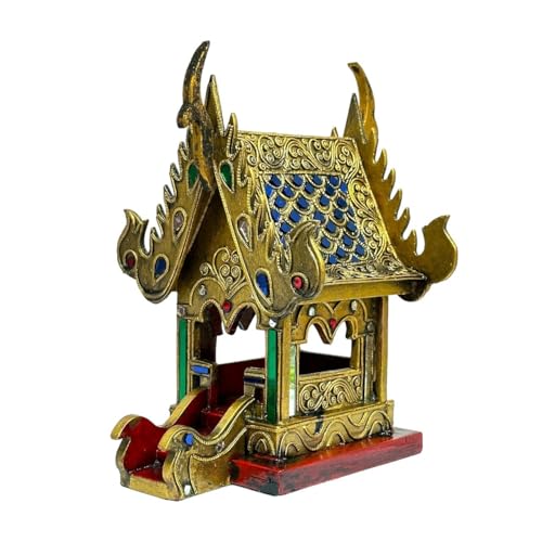 UNCLEJUM Thai Gilt Jeweled Spirit House Wood Carving, 9 inches (22.9 cm) High, Thailand Art Home Decor