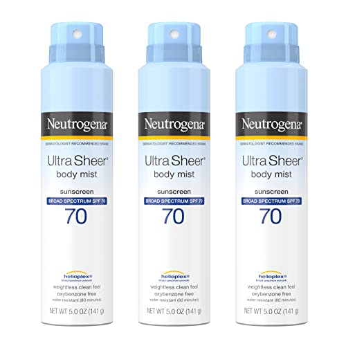 Neutrogena Sunscreen Spray, Ultra Sheer Body Mist, Broad Spectrum SPF 70, Non-Greasy Water Resistant Body Sunscreen Mist, Non-Comedogenic, 5 oz, 3 Pack