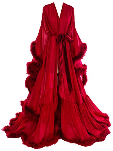 Molisa Womens Sexy Feather Bridal Robe Long Wedding Scarf Illusion Bathrobe Sleepwear Lingerie Robe Nightgown Burgundy L/XL