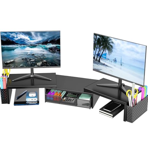 Spacrea Metal Desk Organizers and Accessories, Dual Monitor Stand Riser with Drawer and 2 Pen Holders, Desk Accessories & Workspace Desktop Organizers for Office Supplies (Black)