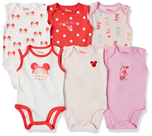 Amazon Essentials Disney | Marvel | Star Wars | Princess Baby Girls' Sleeveless Bodysuits, Pack of 6, Minnie Rainbow Chaser, 24 Months