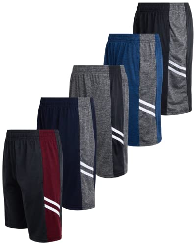 Mad Game Boys Athletic Shorts - 5 Pack Athletic Performance Mesh Running Basketball Shorts for Boys with Pockets (Sizes 8-18), Size 12-14, Black/Grey/Navy/Royal