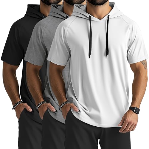 Ficerd 3 Pack Men's Short Sleeve Hoodie Dry Fit Workout Shirts Comfy Running Active Athletic Pullover Sweatshirt(White, Gray, Black,X-Large)