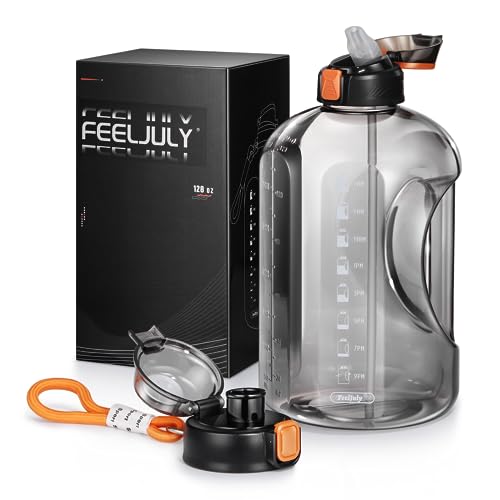 Feeljuly 1 Gallon Water Bottle with Straw, 128 oz Large Water Jug with Times to Drink, Reusable Leak Proof with Handle, 2 Lids BPA Free Big Sports Bottles for Fitness Gym Camping (Grey, 128 Ounces)