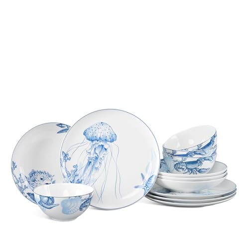 Minh Long 12 pcs Porcelain Plates and Bowls Sets, Ocean Dinnerware Sets, Microwave/Oven/Dishwasher Safe, Gift for Family, Thanksgiving, Christmas, Boxing day, New year (Multi-size, Ocean)