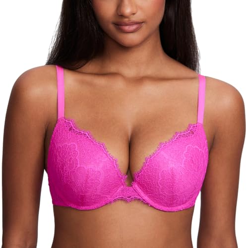 DOBREVA Women's Push Up Bra Eyelash Lace Sexy Cleavage Underwire Support Plunge Bras Bright Fuchsia 40C