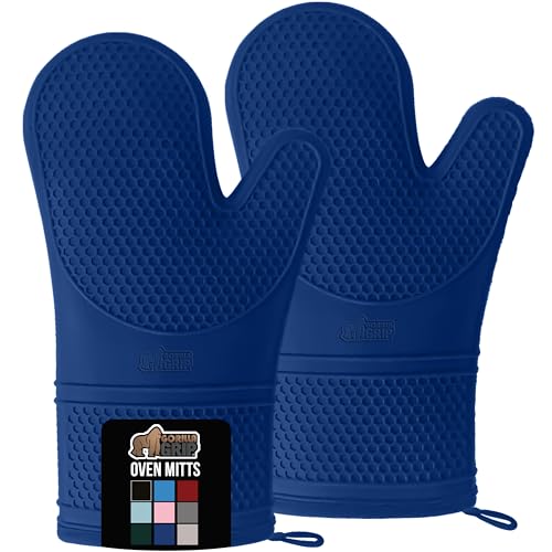 GORILLA GRIP Heat Resistant Durable Silicone Oven Mitts, BPA-Free Protective Grilling Potholders, Soft Cotton Lining, Flexible Waterproof Cooking Mitt Set, Kitchen Home Essentials, 12.5x8.3, Blue