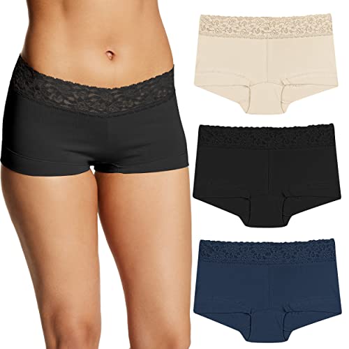 Maidenform Underwear, Stretch Cotton Boyshort Panties for Women, Assorted, 3-Pack, Latte Lift/Black/Navy